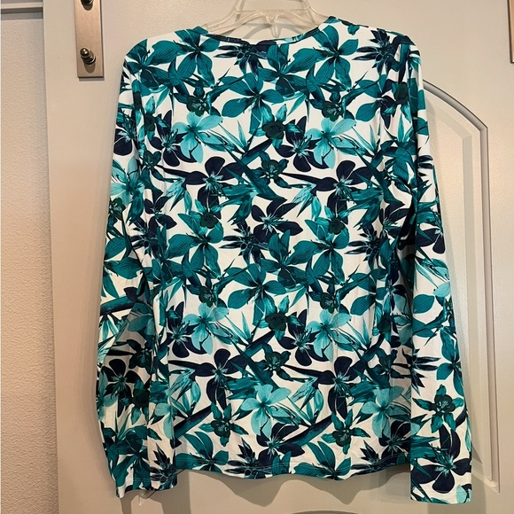 Lands' End Teal and White Floral Long Sleeve swim Top/ rash guard. EUC! - Picture 3 of 5